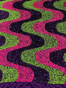 Wavy Line Velvet Sequins - Hot Pink/Purple/Green - Velvet Sequins 2 Way Stretch Fabric 58/60” By Yard