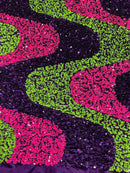 Wavy Line Velvet Sequins - Hot Pink/Purple/Green - Velvet Sequins 2 Way Stretch Fabric 58/60” By Yard