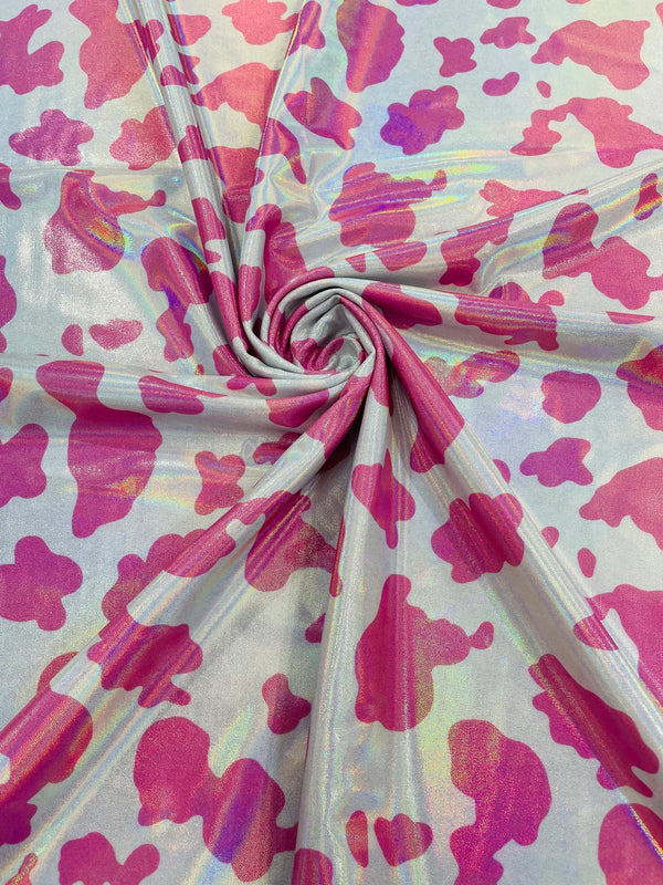 Cow Print Design Spandex - Hot Pink Holographic -  Poly Spandex 4 Way Stretch Fabric By Yard