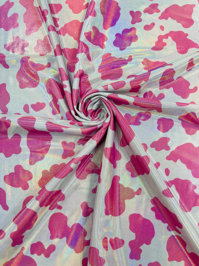Cow Print Design Spandex - Hot Pink Holographic -  Poly Spandex 4 Way Stretch Fabric By Yard