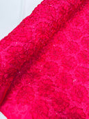 Satin Rosette Sequins Fabric - Hot Pink - 3D Rosette Satin Rose Fabric with Sequins By Yard