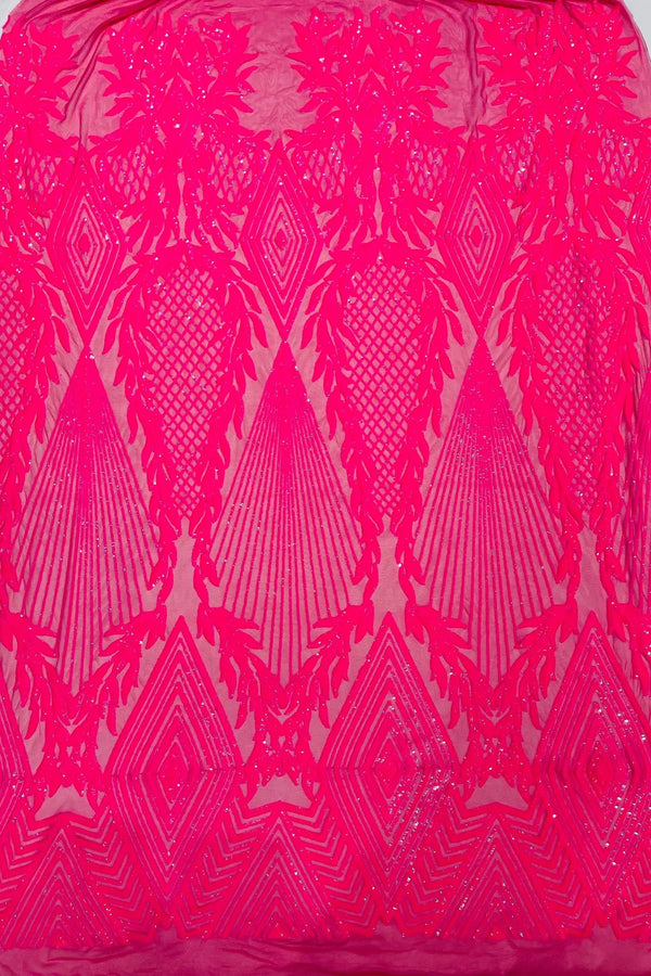 Triangle Sequin Fabric - Hot Pink - Geometric Designs Spandex Mesh By Yard