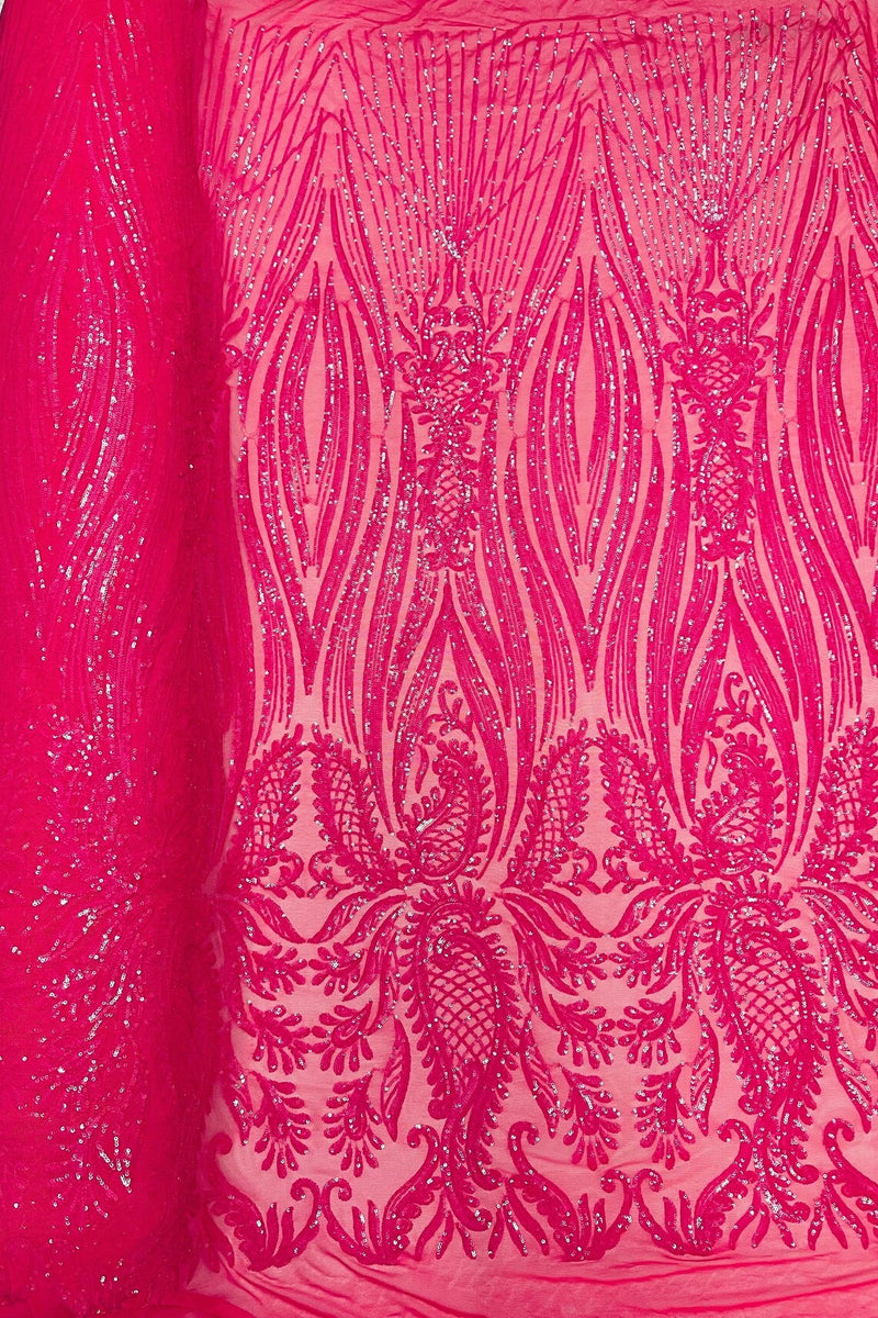 Paisley Sequin Fabric - Hot Pink - Line Pattern 4 Way Stretch Elegant Fabric By The Yard