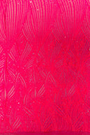 Curvy Line Design Fabric - Hot Pink - 4 Way Stretch Sequins Design Mesh Lace Fabric by Yard