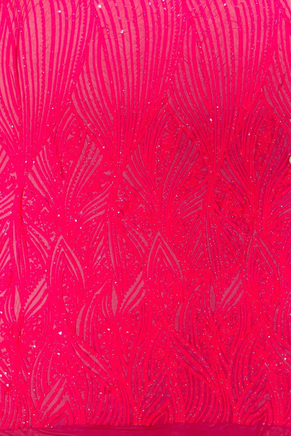 Curvy Line Design Fabric - Hot Pink - 4 Way Stretch Sequins Design Mesh Lace Fabric by Yard