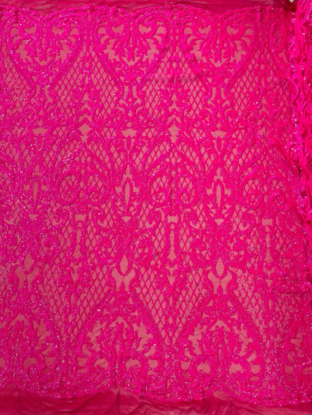 Heart Damask Sequins - Hot Pink - 4 Way Stretch Elegant Shiny Net Sequins Fabric By Yard
