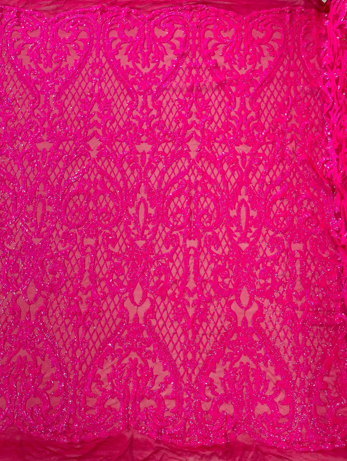 Heart Damask Sequins - Hot Pink - 4 Way Stretch Elegant Shiny Net Sequins Fabric By Yard