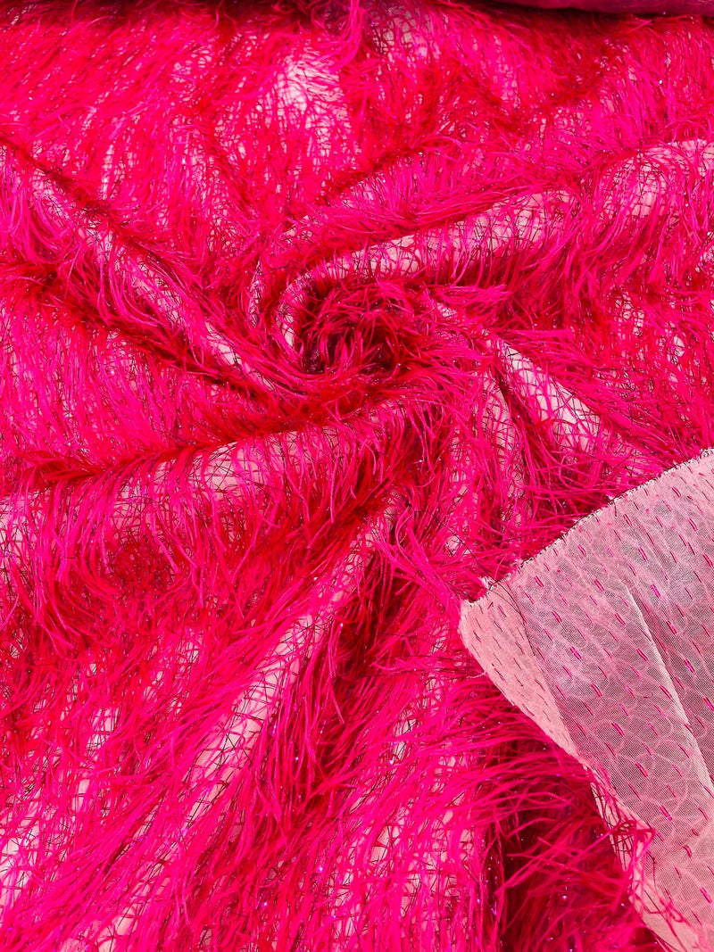 Metallic Eyelash Fabric - Hot Pink - Feather/Eyelash/Fringe Design on Mesh By Yard