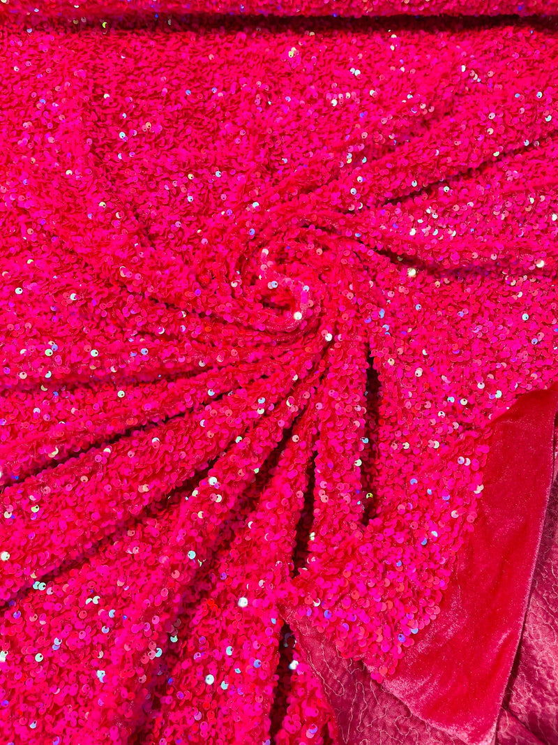 Stretch Velvet Sequins Fabric - Iridescent Hot Pink - Velvet Sequins 2 Way Stretch 58/60” By Yard