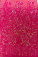Zig Zag Design Sequins - Hot Pink - 4 Way Stretch Embroidered Zig Zag Sequins Lace Fabric By The Yard