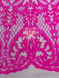 Heart Damask Sequins - Hot Pink - 4 Way Stretch Elegant Shiny Net Sequins Fabric By Yard