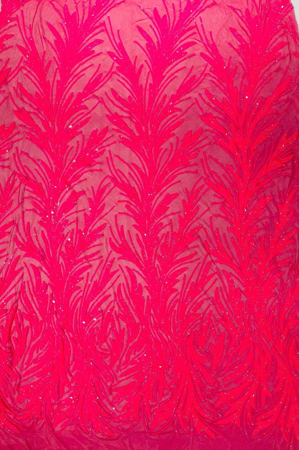 Leaf Design Stretch Sequins - Hot Pink  - 4 Way Stretch Lace Mesh Sequins Fabric by Yard