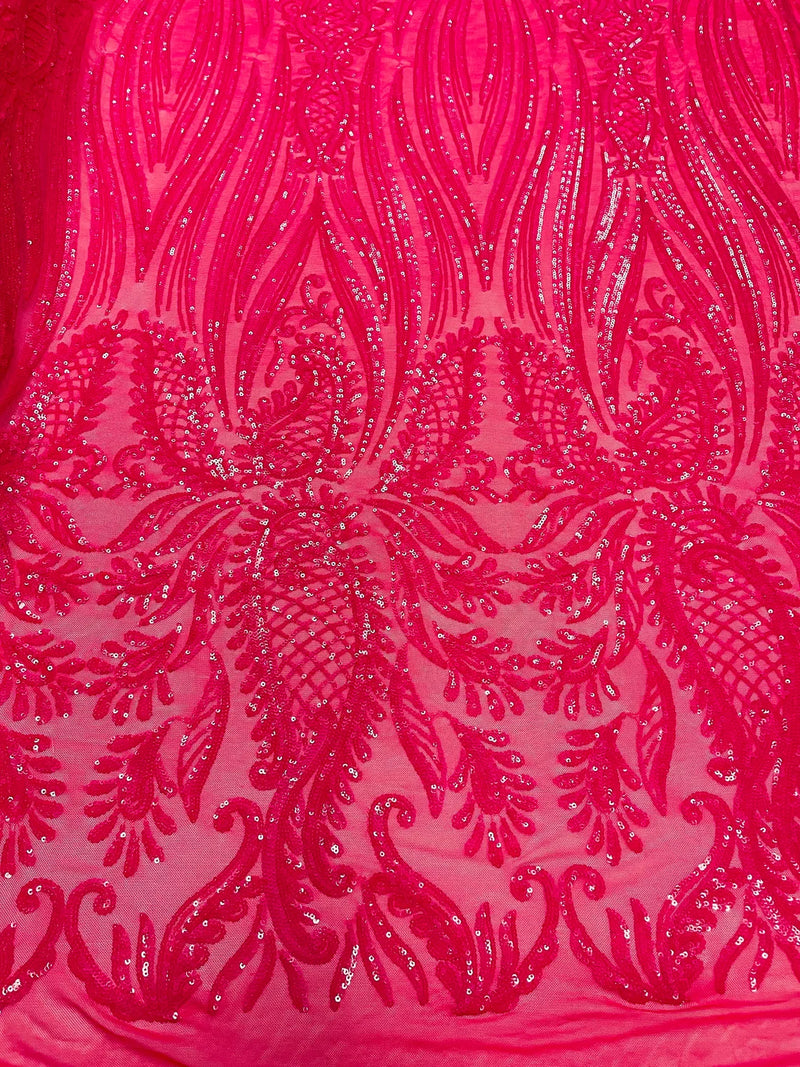 Paisley Sequin Fabric - Hot Pink - Line Pattern 4 Way Stretch Elegant Fabric By The Yard