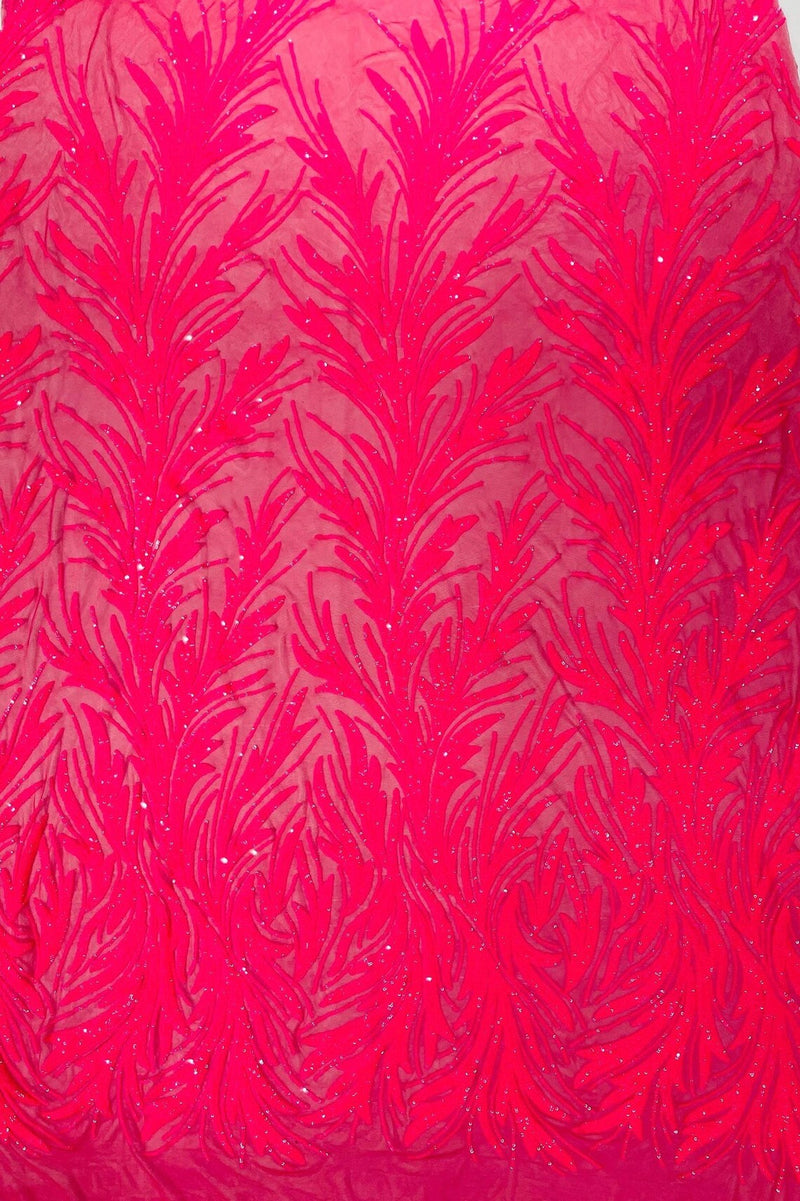 Leaf Design Stretch Sequins - Hot Pink  - 4 Way Stretch Lace Mesh Sequins Fabric by Yard