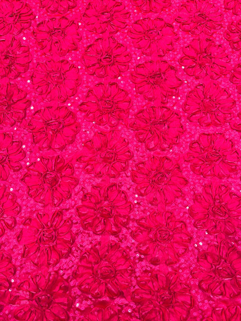 Satin Rosette Sequins Fabric - Hot Pink - 3D Rosette Satin Rose Fabric with Sequins By Yard