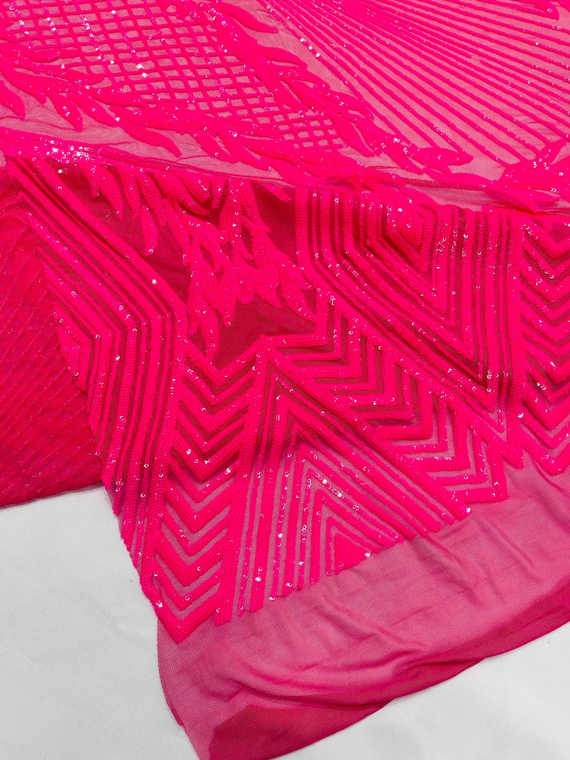 Triangle Sequin Fabric - Hot Pink - Geometric Designs Spandex Mesh By Yard