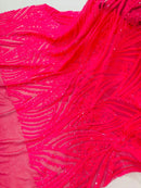Curvy Line Design Fabric - Hot Pink - 4 Way Stretch Sequins Design Mesh Lace Fabric by Yard