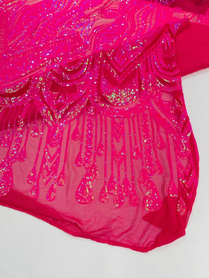 Zig Zag Design Sequins - Hot Pink - 4 Way Stretch Embroidered Zig Zag Sequins Lace Fabric By The Yard