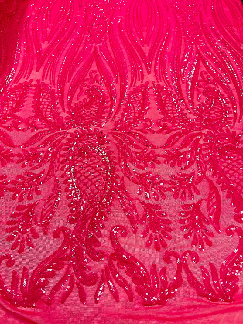 Paisley Sequin Fabric - Hot Pink - Line Pattern 4 Way Stretch Elegant Fabric By The Yard