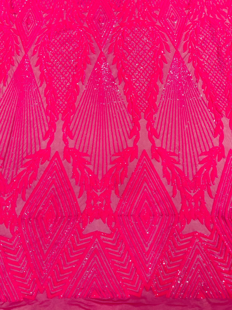 Triangle Sequin Fabric - Hot Pink - Geometric Designs Spandex Mesh By Yard