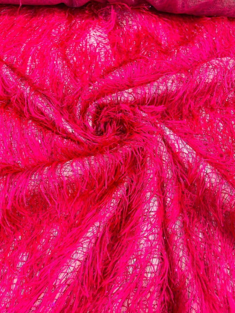 Metallic Eyelash Fabric - Hot Pink - Feather/Eyelash/Fringe Design on Mesh By Yard