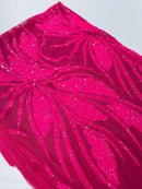 Wavy Leaf Sequins Fabric - Hot Pink - Wavy Lines and Leaves Design on Lace Mesh Fabric by Yard
