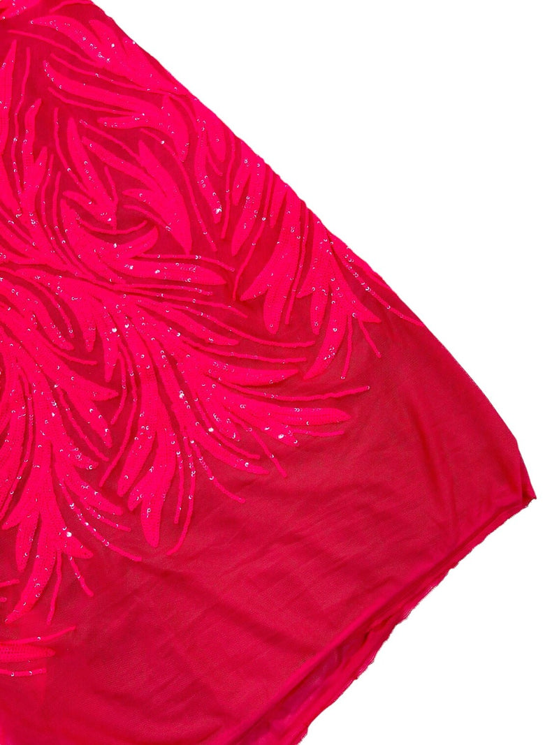 Leaf Design Stretch Sequins - Hot Pink  - 4 Way Stretch Lace Mesh Sequins Fabric by Yard