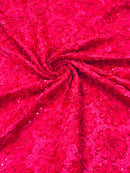 Satin Rosette Sequins Fabric - Hot Pink - 3D Rosette Satin Rose Fabric with Sequins By Yard