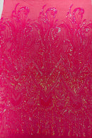 Zig Zag Design Sequins - Hot Pink - 4 Way Stretch Embroidered Zig Zag Sequins Lace Fabric By The Yard