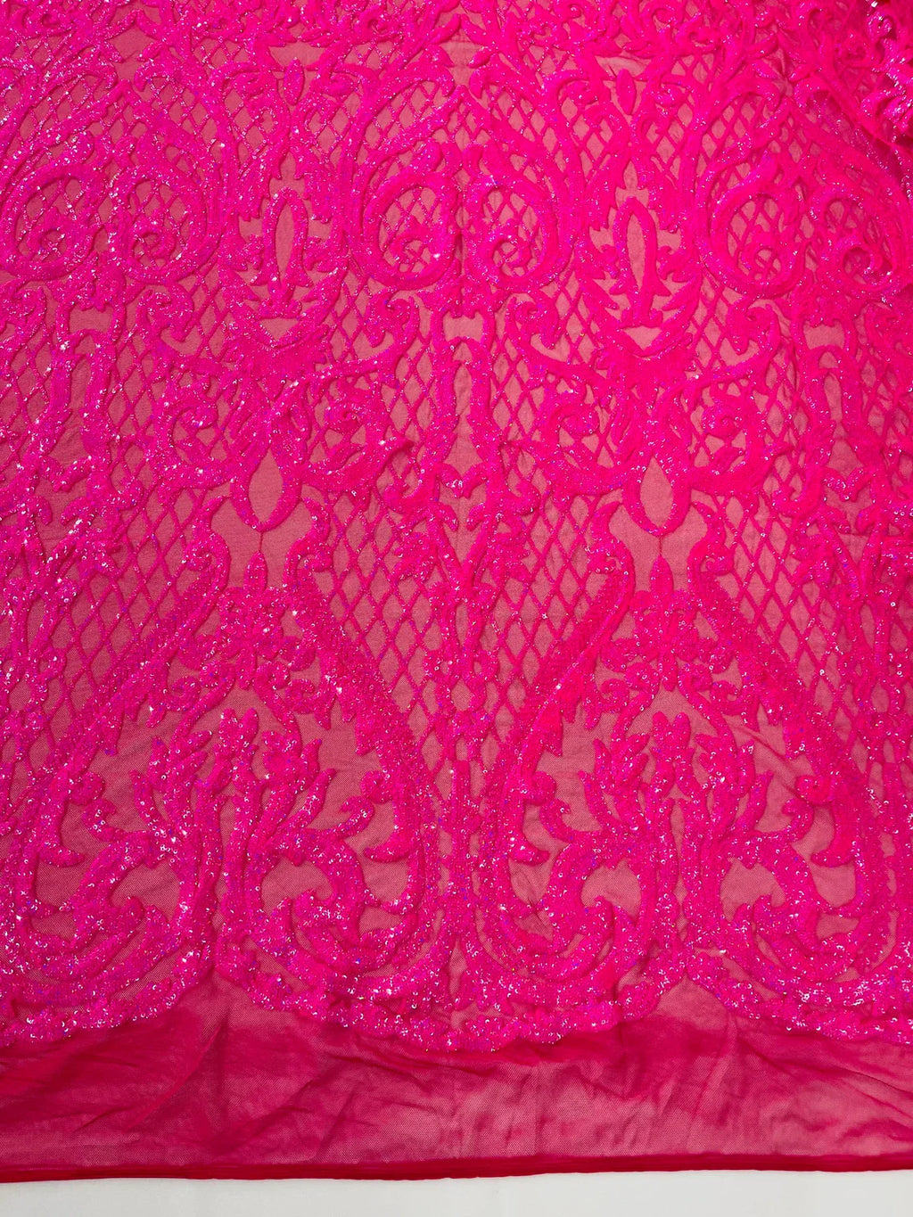 Heart Damask Sequins - Hot Pink - 4 Way Stretch Elegant Shiny Net Sequins Fabric By Yard
