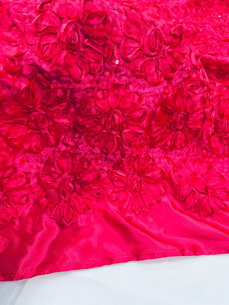 Satin Rosette Sequins Fabric - Hot Pink - 3D Rosette Satin Rose Fabric with Sequins By Yard
