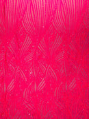 Curvy Line Design Fabric - Hot Pink - 4 Way Stretch Sequins Design Mesh Lace Fabric by Yard