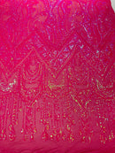 Zig Zag Design Sequins - Hot Pink - 4 Way Stretch Embroidered Zig Zag Sequins Lace Fabric By The Yard