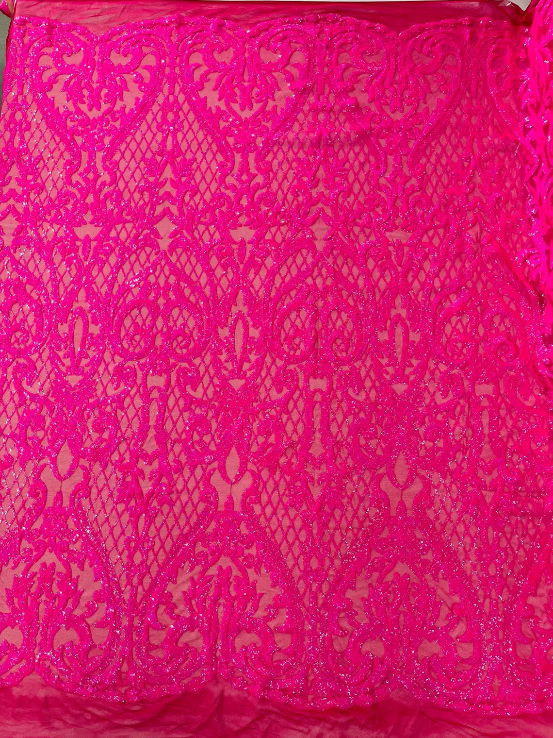 Heart Damask Sequins - Hot Pink - 4 Way Stretch Elegant Shiny Net Sequins Fabric By Yard
