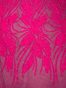 Wavy Leaf Sequins Fabric - Hot Pink - Wavy Lines and Leaves Design on Lace Mesh Fabric by Yard