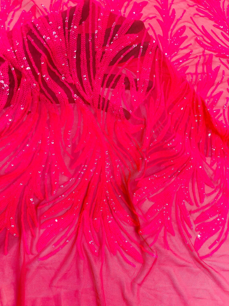 Leaf Design Stretch Sequins - Hot Pink  - 4 Way Stretch Lace Mesh Sequins Fabric by Yard