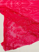 Paisley Sequin Fabric - Hot Pink - Line Pattern 4 Way Stretch Elegant Fabric By The Yard