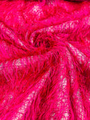 Metallic Eyelash Fabric - Hot Pink - Feather/Eyelash/Fringe Design on Mesh By Yard
