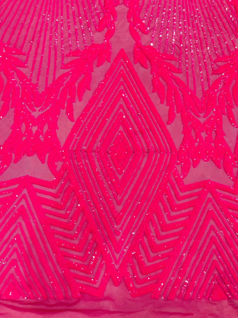 Triangle Sequin Fabric - Hot Pink - Geometric Designs Spandex Mesh By Yard