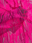 Wavy Leaf Sequins Fabric - Hot Pink - Wavy Lines and Leaves Design on Lace Mesh Fabric by Yard