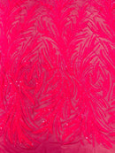 Leaf Design Stretch Sequins - Hot Pink  - 4 Way Stretch Lace Mesh Sequins Fabric by Yard