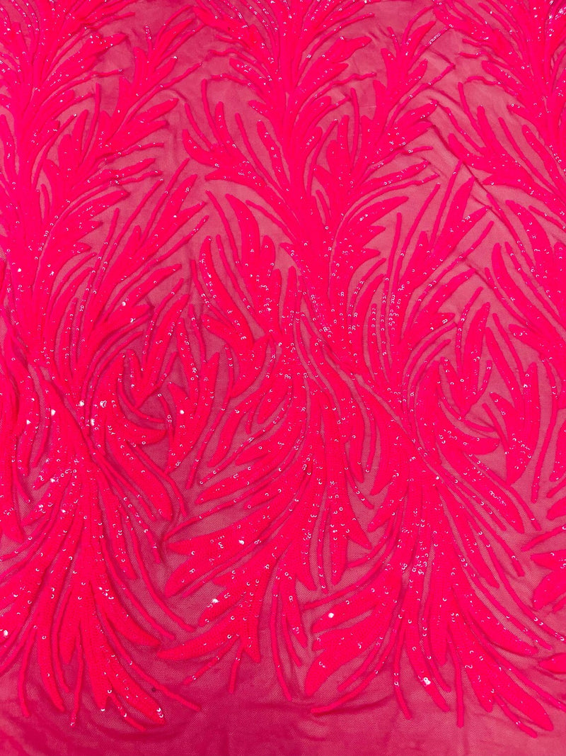 Leaf Design Stretch Sequins - Hot Pink  - 4 Way Stretch Lace Mesh Sequins Fabric by Yard