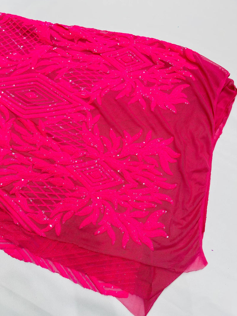 Triangle Sequin Fabric - Hot Pink - Geometric Designs Spandex Mesh By Yard