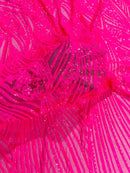 Curvy Line Design Fabric - Hot Pink - 4 Way Stretch Sequins Design Mesh Lace Fabric by Yard