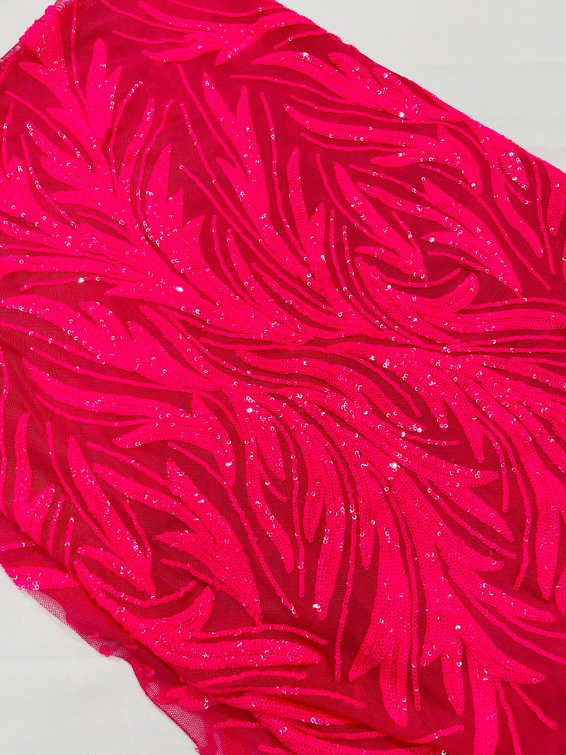 Leaf Design Stretch Sequins - Hot Pink  - 4 Way Stretch Lace Mesh Sequins Fabric by Yard