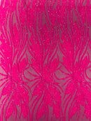Wavy Leaf Sequins Fabric - Hot Pink - Wavy Lines and Leaves Design on Lace Mesh Fabric by Yard