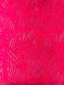 Curvy Line Design Fabric - Hot Pink - 4 Way Stretch Sequins Design Mesh Lace Fabric by Yard