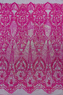 4 Way Stretch Fabric - Hot Pink Iridescent - Embroidered Pattern Design Sequins Fabric on Mesh By Yard