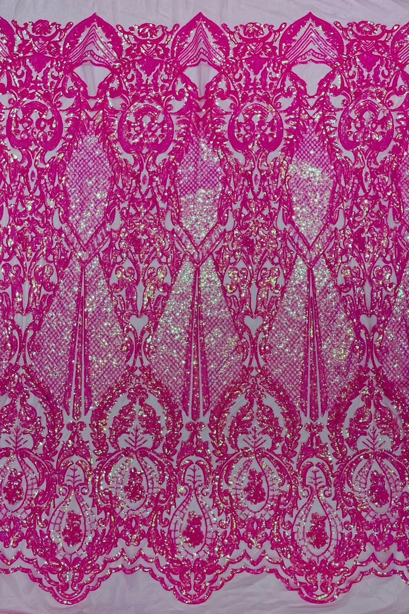 4 Way Stretch Fabric - Hot Pink Iridescent - Embroidered Pattern Design Sequins Fabric on Mesh By Yard