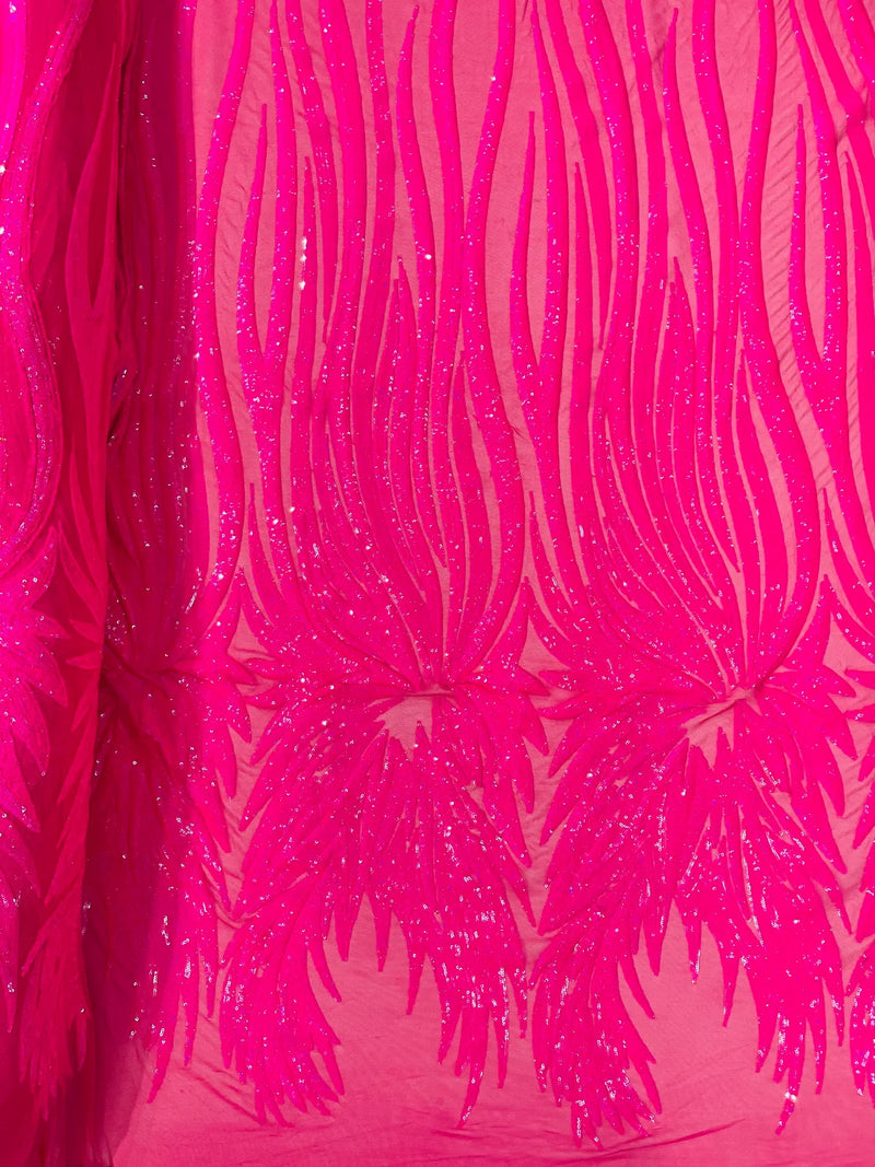 Phoenix Wing Sequins - Hot Pink / Iridescent - 4 Way Stretch Wings Pattern Design Fabric By Yard